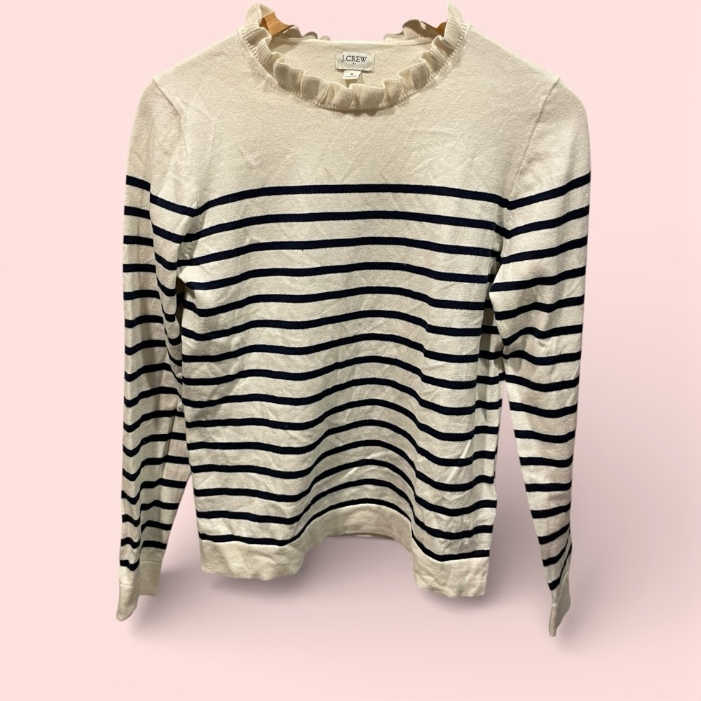 Cute J. Crew cream navy stripe ruffle collar cotton sweater preppy coastal beach